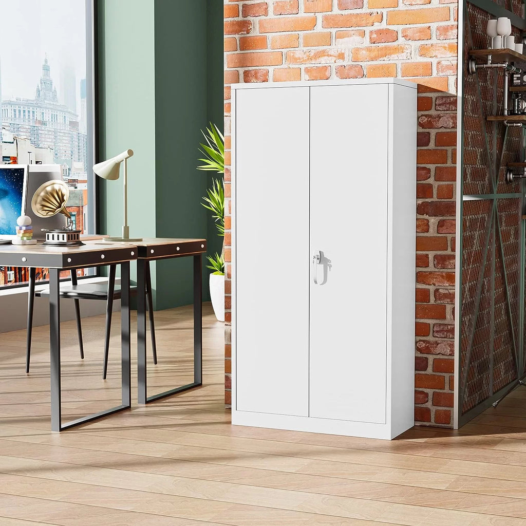 72 inch White Metal Storage Cabinet with Locking Doors and Adjustable Shelves E3459