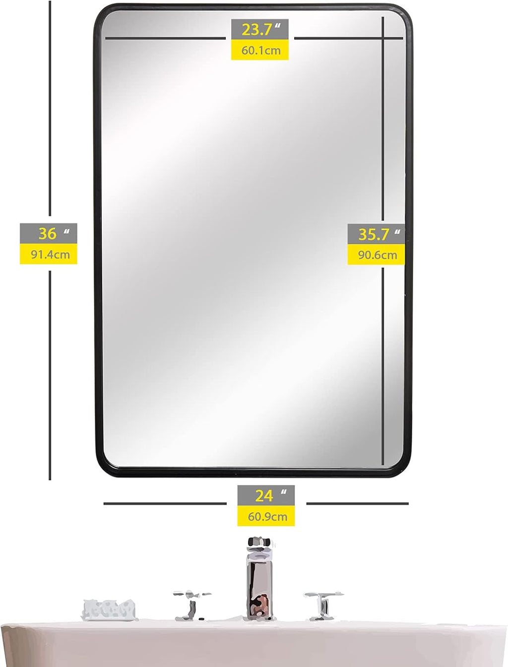 Black Rectangle Wall Mirror with Metal Rounded Corner Frame I984