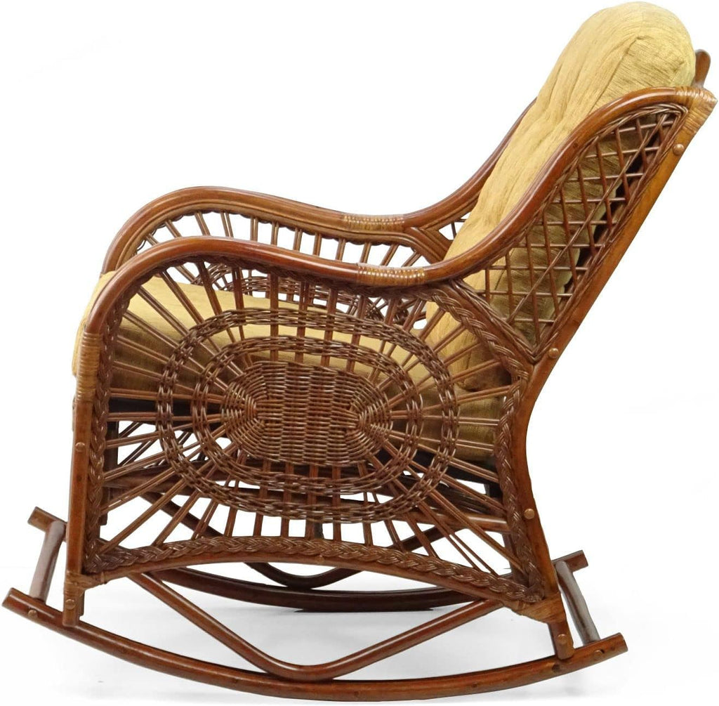 Natural Rattan Set of 2 Rocking Lounge Chairs with Light Brown Cushions and Round Coffee Table with Glass W138