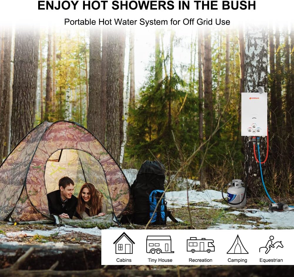 Camplux Propane Portable Tankless Water Heater Outdoor 2.64 GPM Instant Hot Camping Showers with 3.3 GPM Water Pump & Pipe Strainer G303