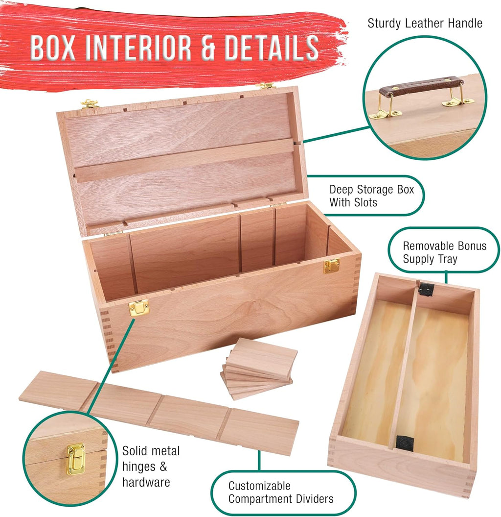 Unfinished Beechwood Artist Tool Storage Box with Removable Tray & Locking Clasps O56595