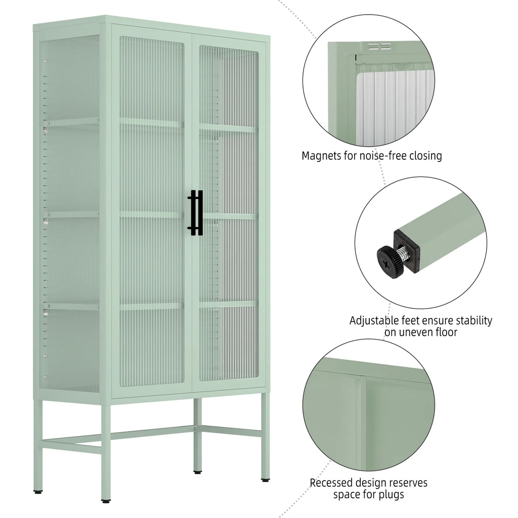 Mint green Double Glass Door Adjustable Shelves Cold-Rolled Steel Storage Cabinet N931914