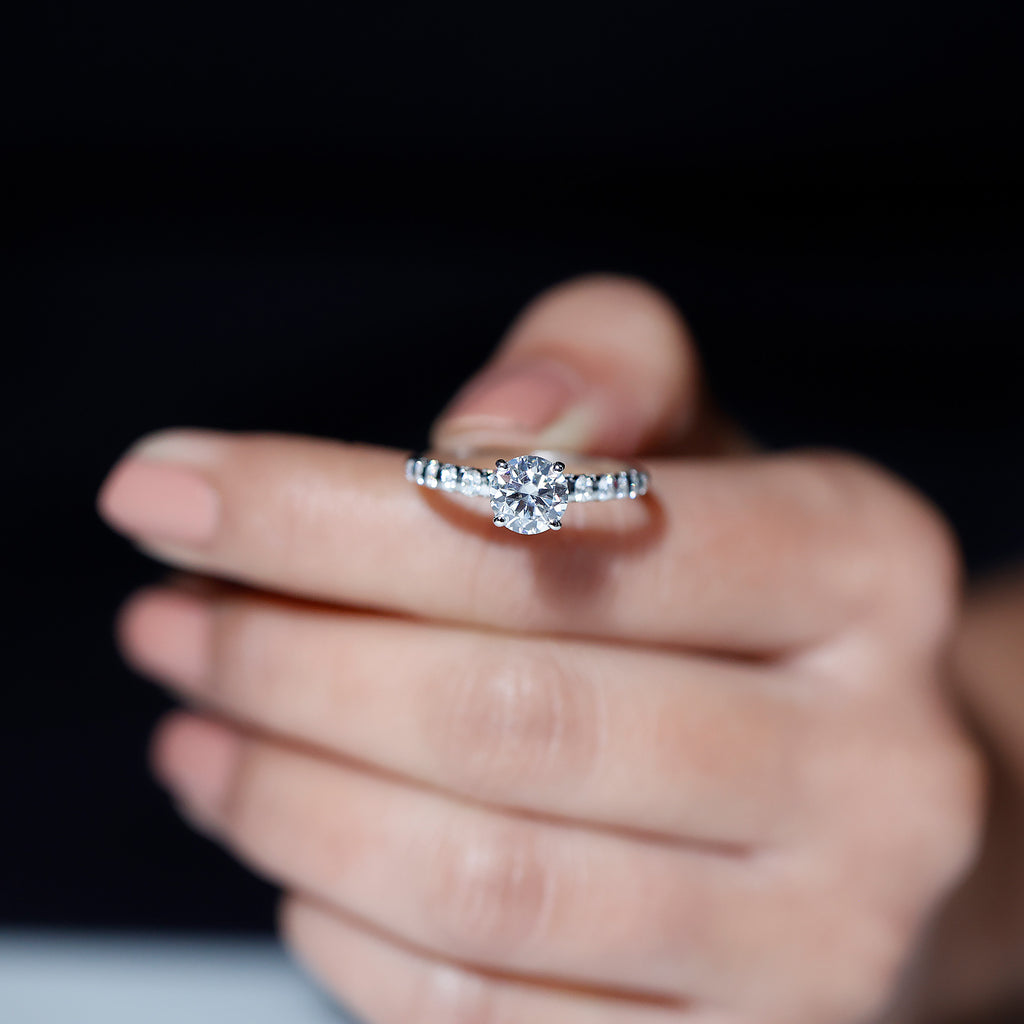14K White Gold Moissanite Solitaire Engagement Ring with Side Stones N743