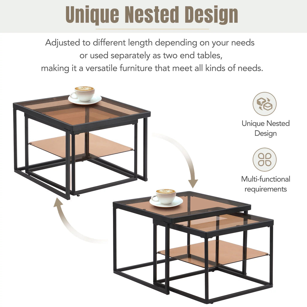 Brown Tempered Glass Coffee Table Set with Metal Frame Z7158