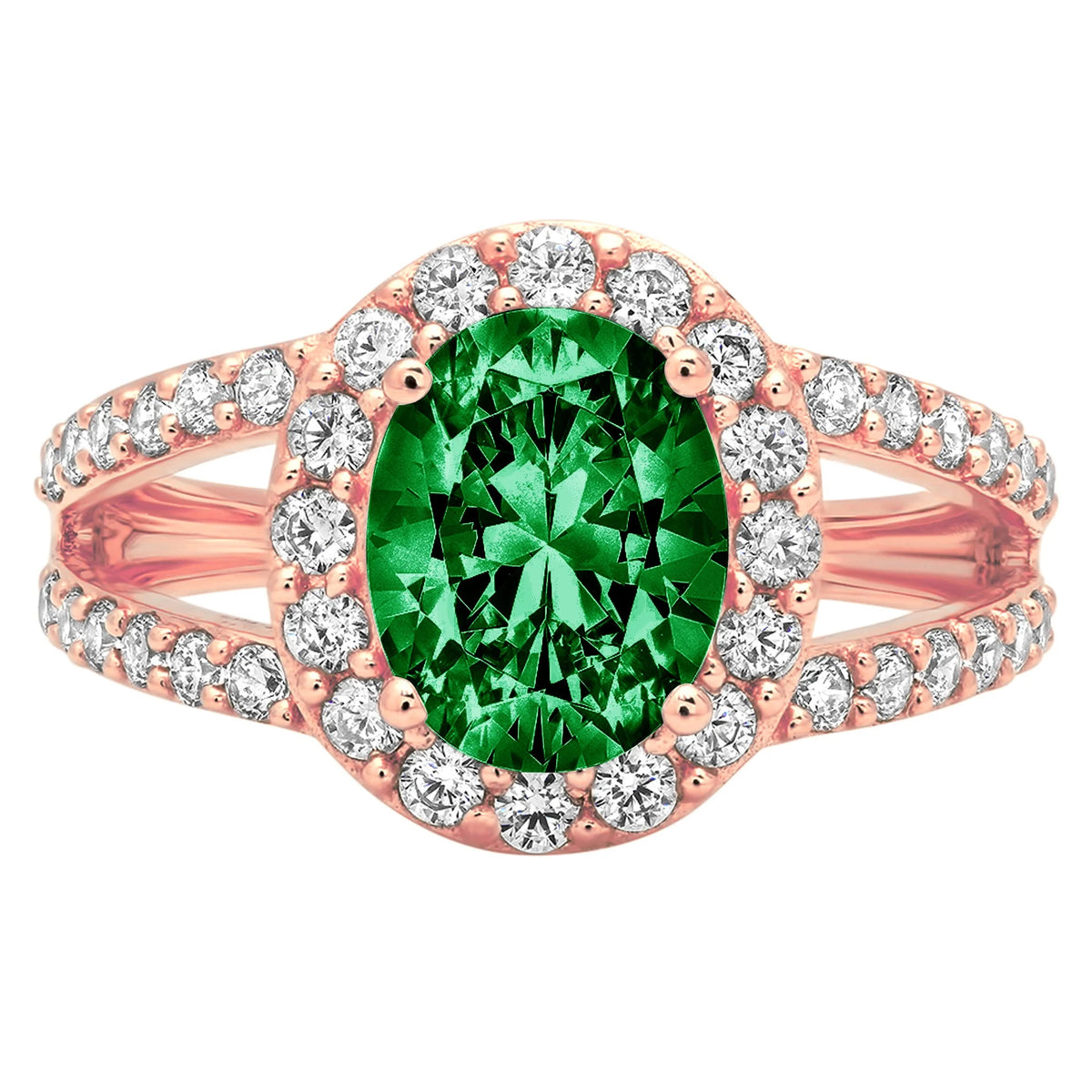 Oval Cut Green Simulated Emerald 18k Rose Gold Halo Ring A559540