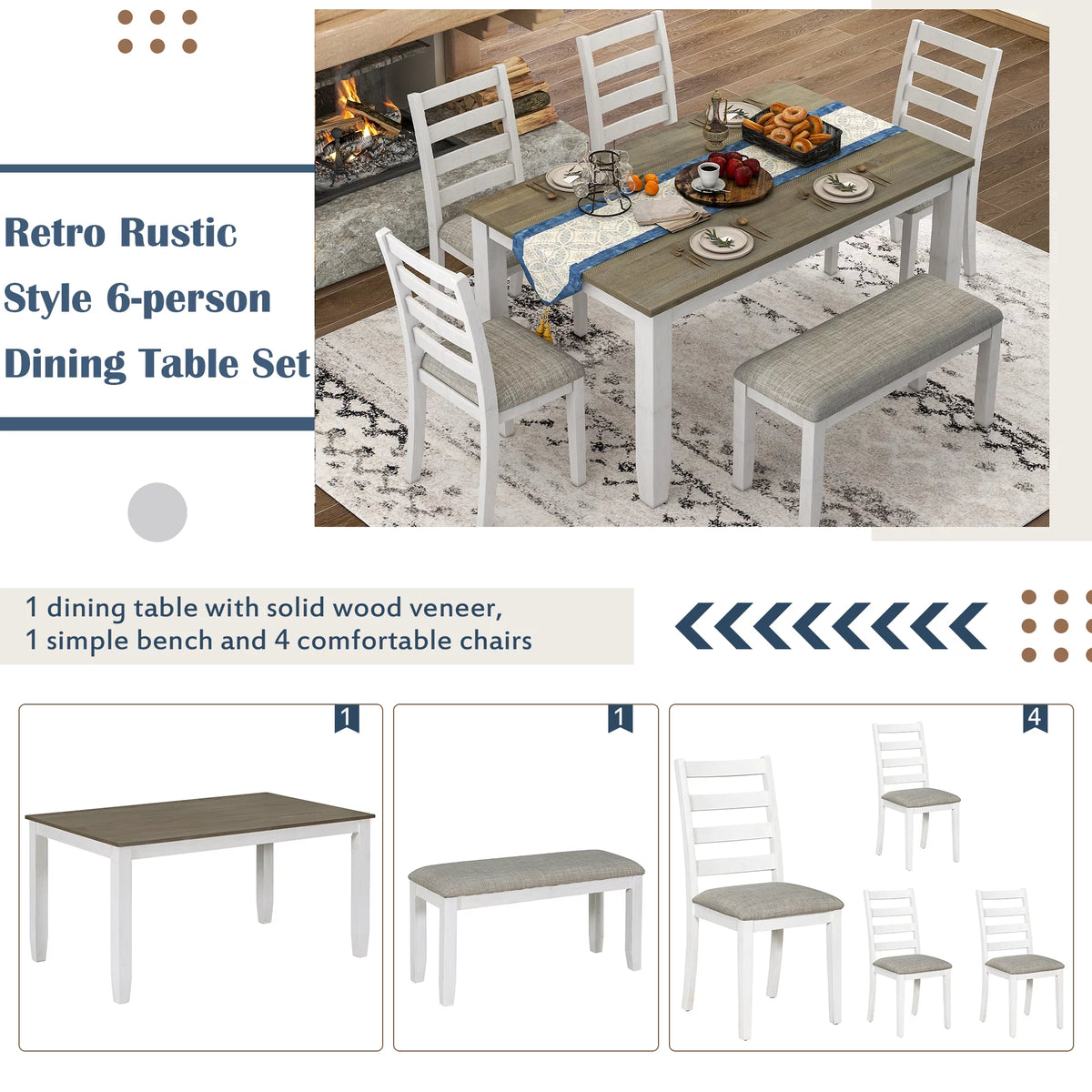 6-Piece Dining Table Set with 4 Upholstered Chairs and Bench T57729