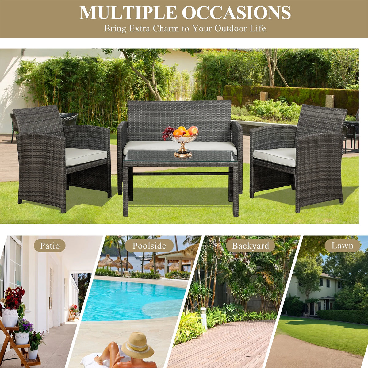 4 Piece Wicker Patio Furniture Set with Cushions D9075