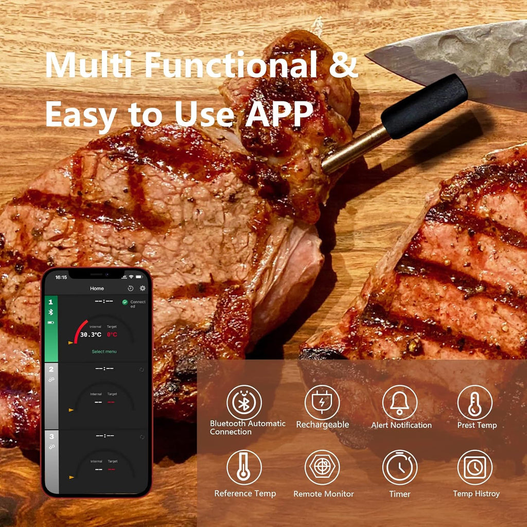 Wireless Meat Thermometer with Bluetooth, 165ft Range, Rechargeable, 1-Probe C490689