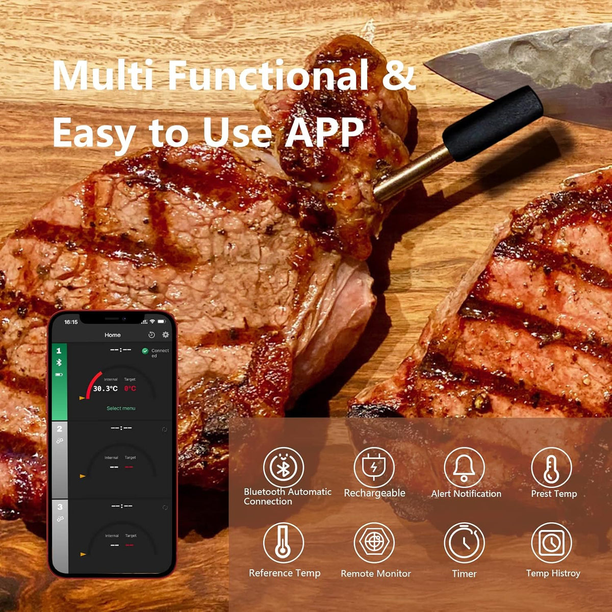 Wireless Meat Thermometer with Bluetooth, 165ft Range, Rechargeable, 1-Probe C490689