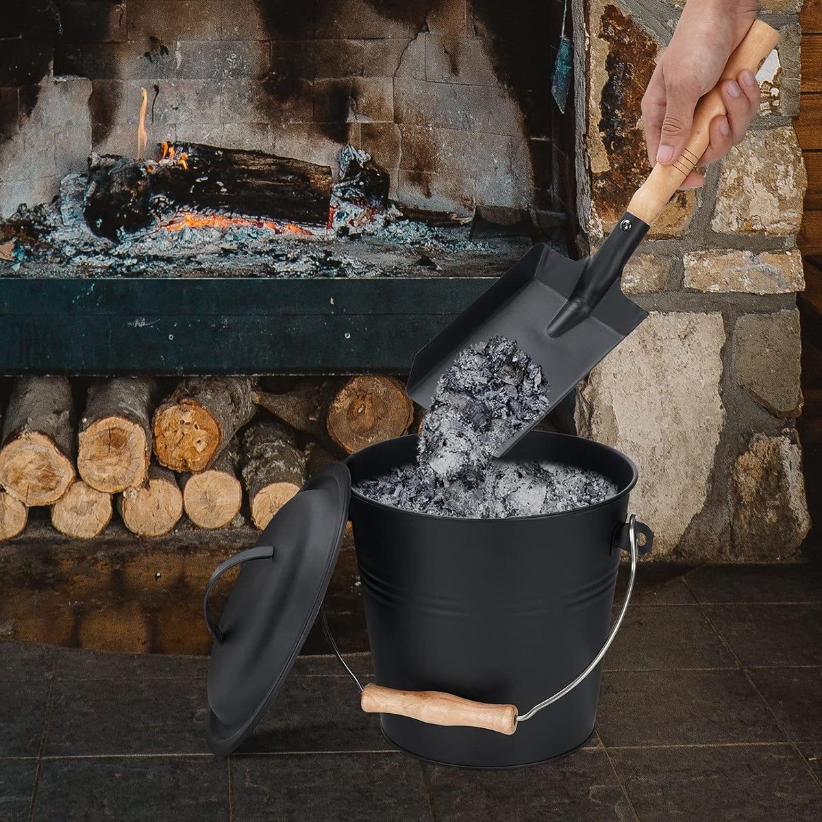 Mini Ash Bucket with Lid, 1.5-Gallon Pail with Shovel and Hand Broom, Metal Bucket Coal and Ash Carrier, Wood Pellet Storage Container, Tool set Accessories for Fireplace, Fire Pit, Wood Burning Stove Pack of 2 B928623