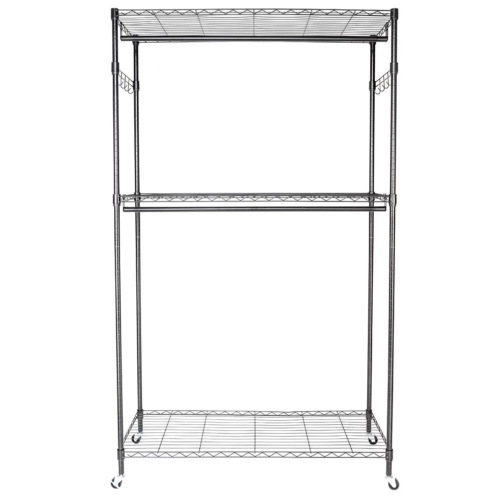 Portable Double Rod Garment Rack with Adjustable Shelves & Wheels Black P822