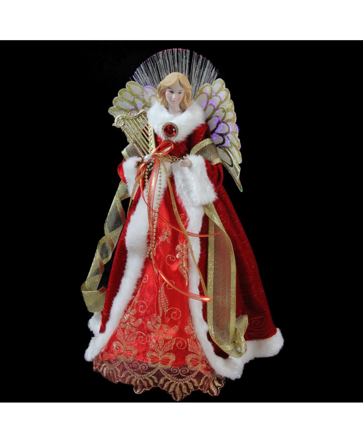 16x22 Lighted Fiber Optic Angel in Garnet Red Coat with Harp Christmas Tree Topper J953