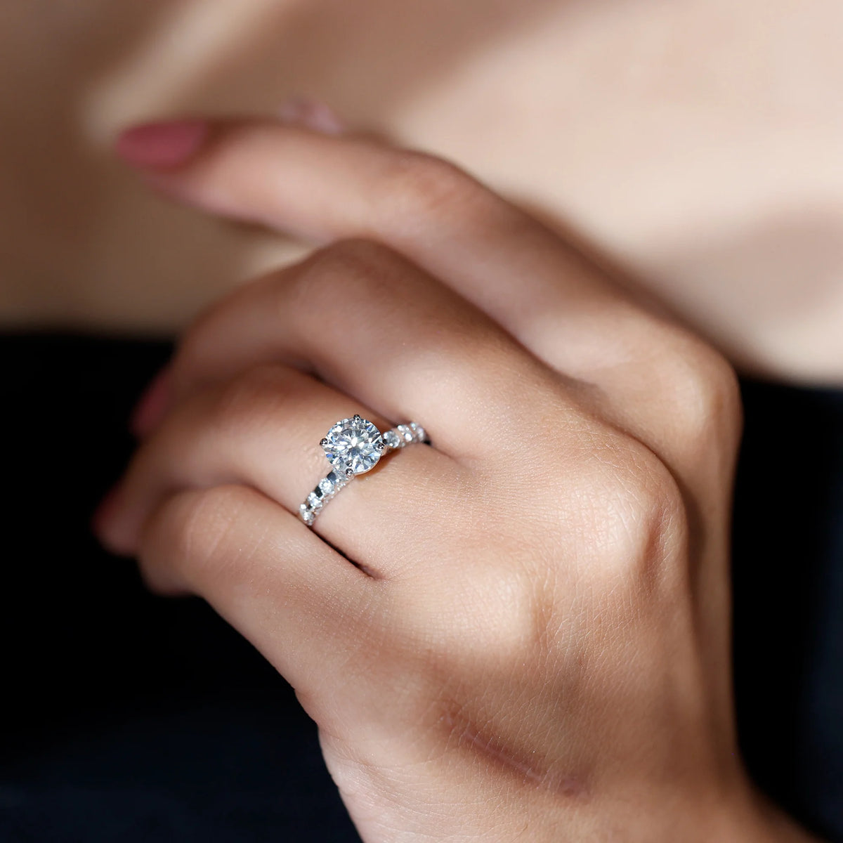 14K White Gold Moissanite Solitaire Engagement Ring with Side Stones N743