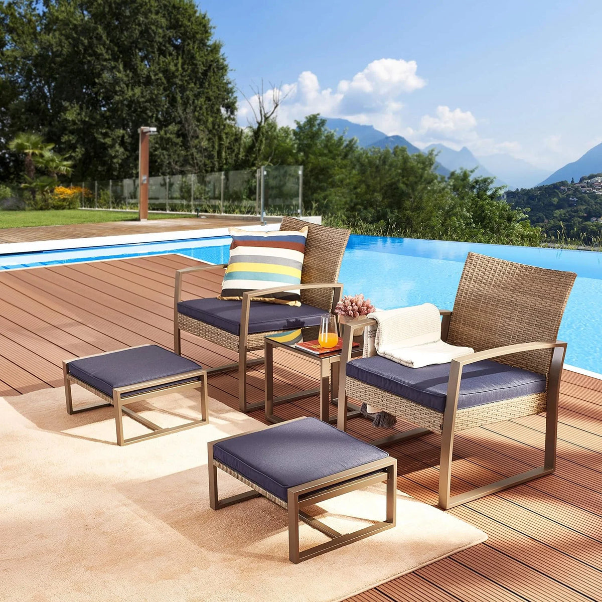 Blue 5 Piece PE Wicker Rattan Outdoor Bistro Set with Tempered Glass Coffee Table S678