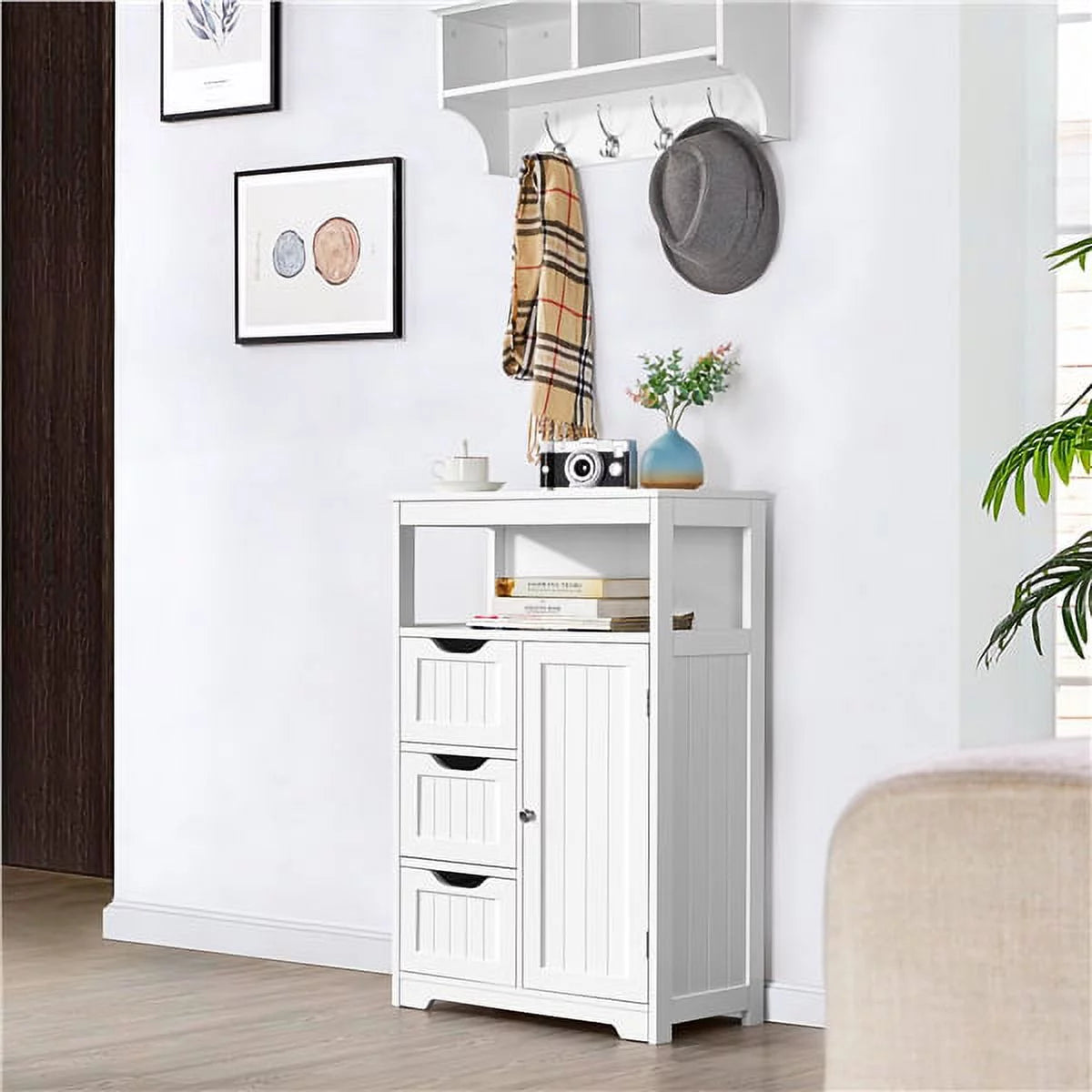 White MDF Wooden Bathroom Floor Cabinet with Drawers T828