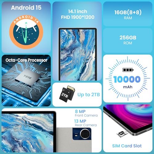 14 inch Android 15 Tablet 16GB RAM 256GB ROM 1920*1200 IPS FHD Display 10000mAh S2773