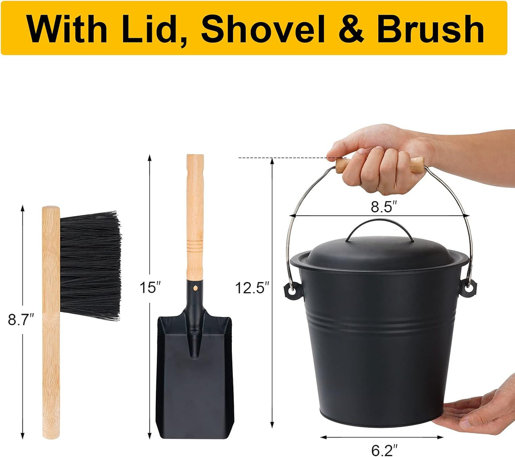 Mini Ash Bucket with Lid, 1.5-Gallon Pail with Shovel and Hand Broom, Metal Bucket Coal and Ash Carrier, Wood Pellet Storage Container, Tool set Accessories for Fireplace, Fire Pit, Wood Burning Stove Pack of 2 B928623