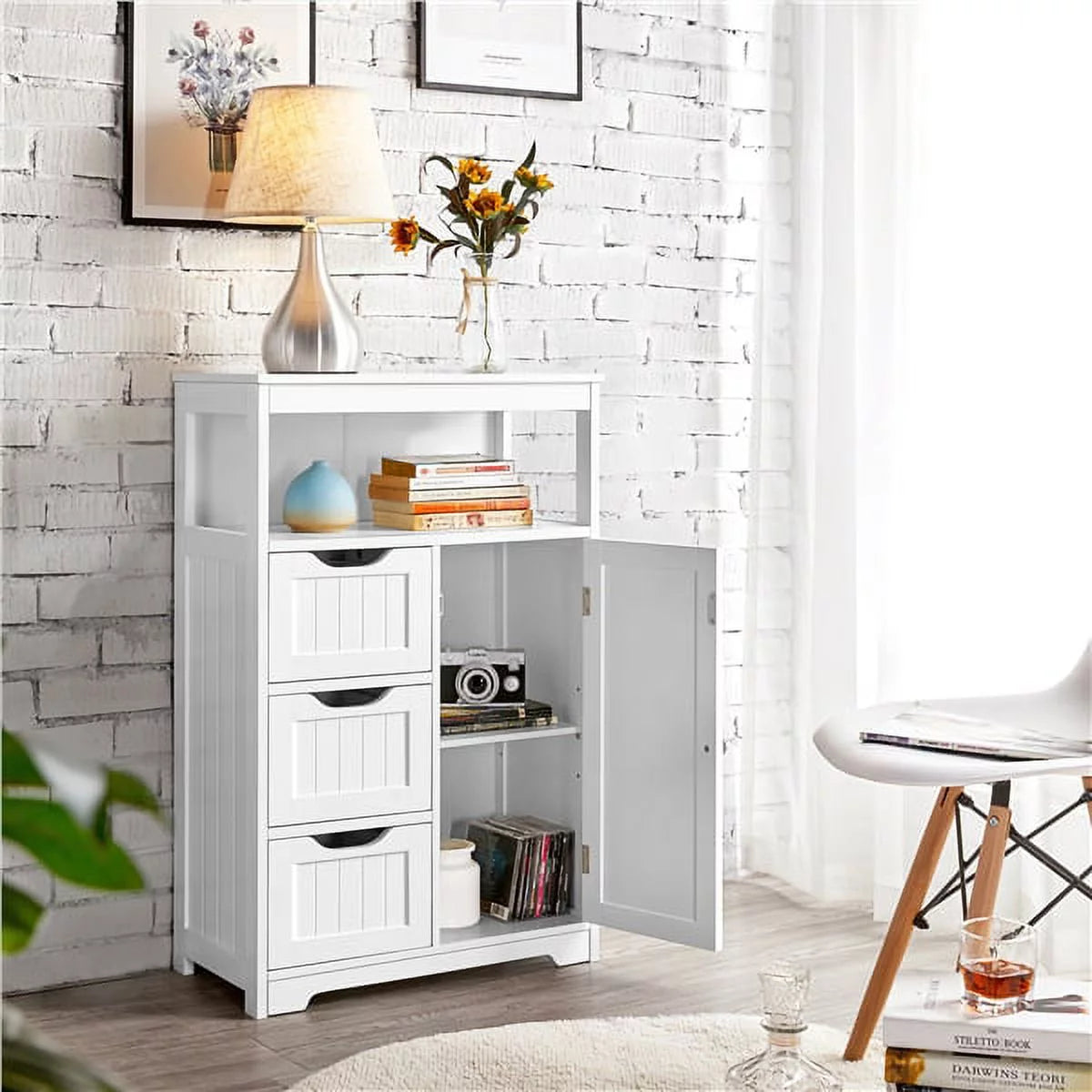 White MDF Wooden Bathroom Floor Cabinet with Drawers T828