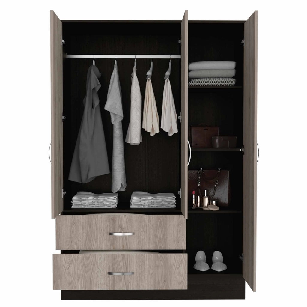 Light Oak Black Three Door Wardrobe Closet with Mirror S60394