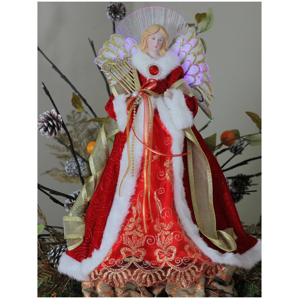 16x22 Lighted Fiber Optic Angel in Garnet Red Coat with Harp Christmas Tree Topper J953
