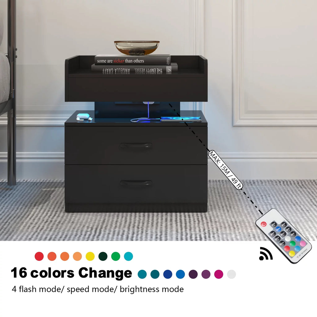 Black Wood Nightstand with Charging Station and 2 Drawers X908