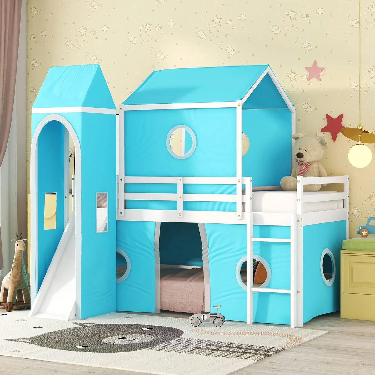 Blue Low Loft Bed with Slide and Curtains F245631