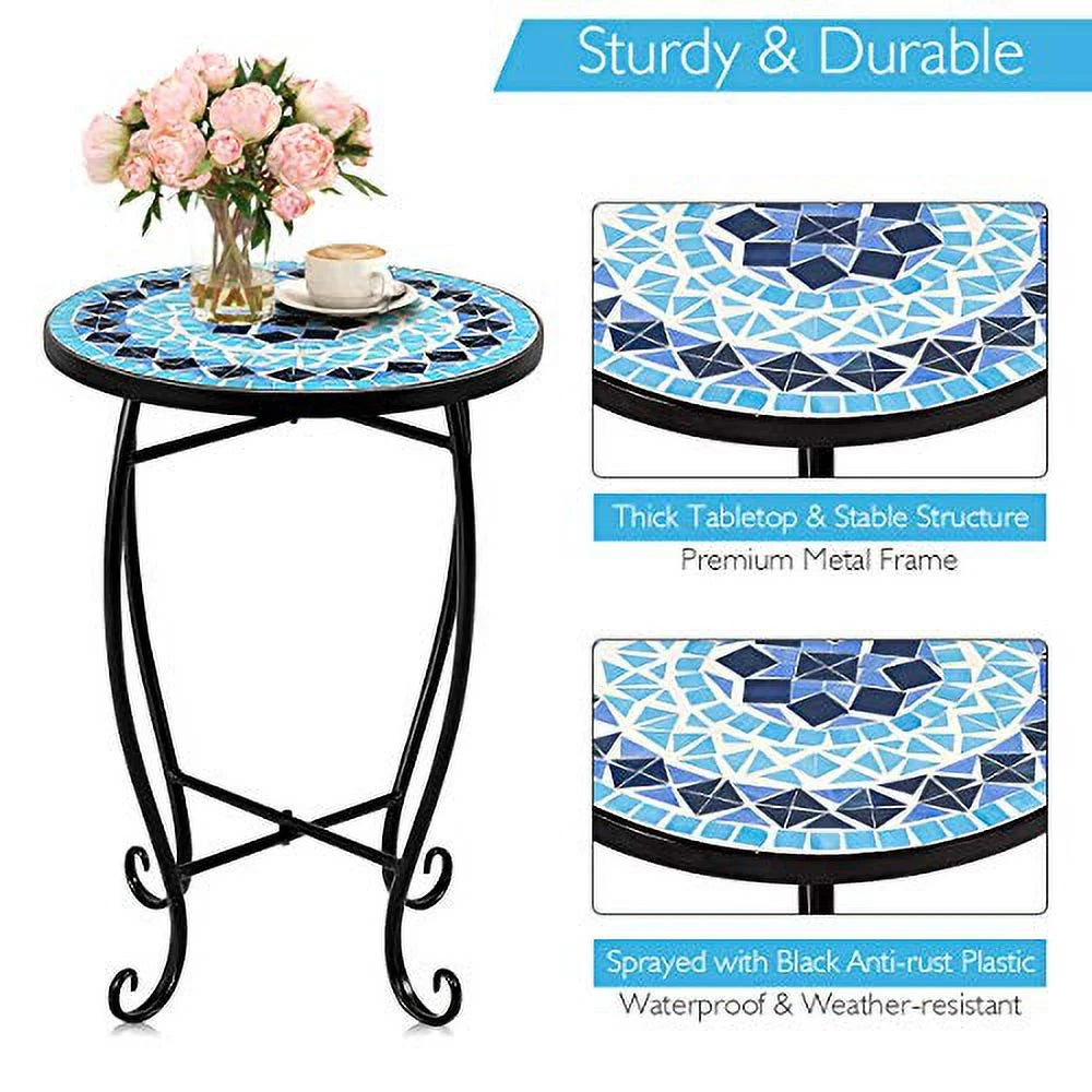 Round 14 Inch Mosaic Side Table with Glass Top and Steel Frame M117