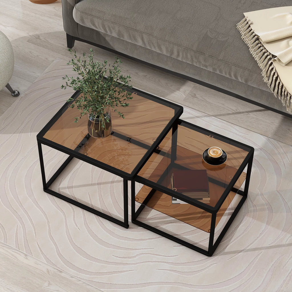 Brown Tempered Glass Coffee Table Set with Metal Frame Z7158