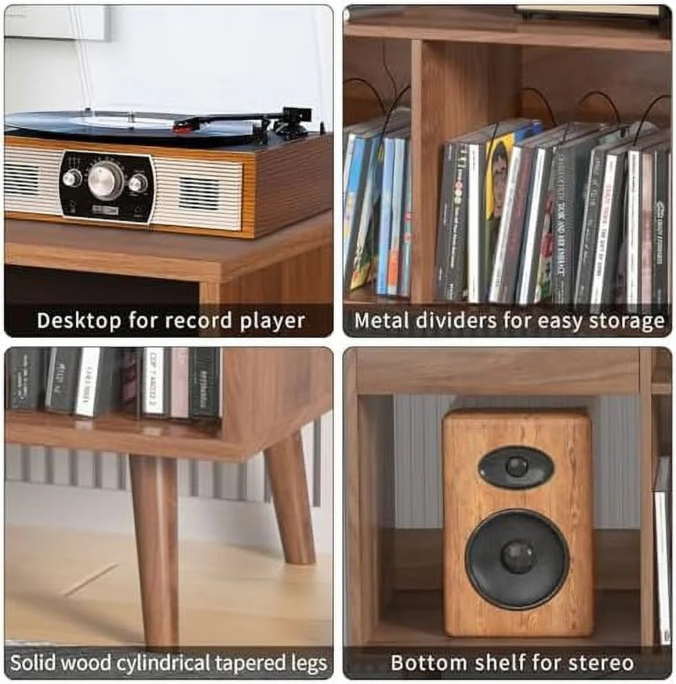 Mid-Century Record Player Stand with Vinyl Record Cabinet and Power Outlet O21183