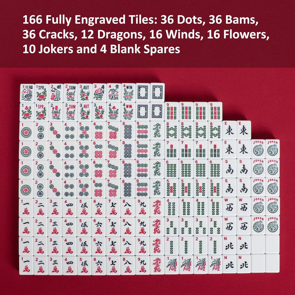 166 White Tiles Mahjong Set with Green Bag and Rack Pushers N861