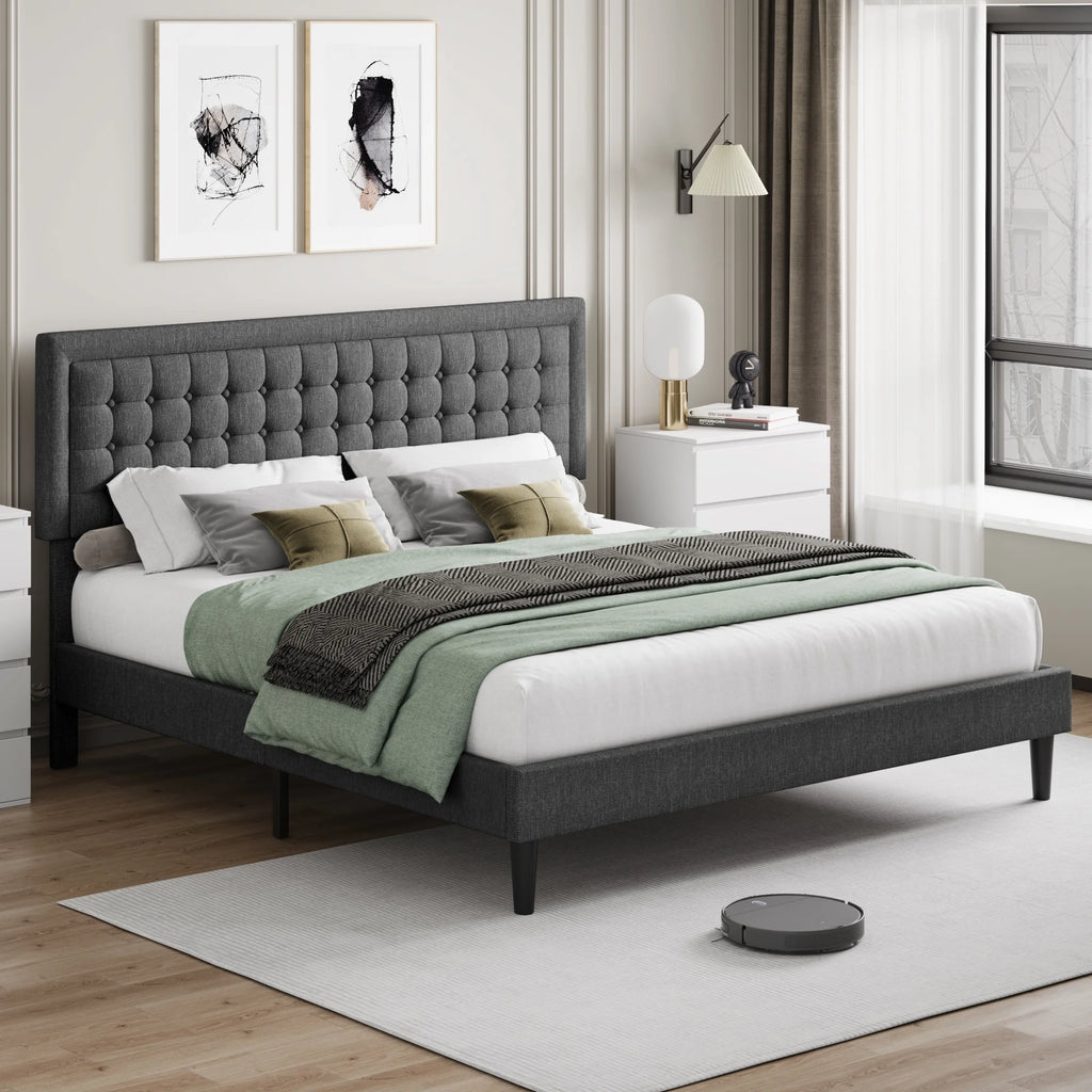 King Size Gray Linen Fabric Upholstered Bed Frame J7616