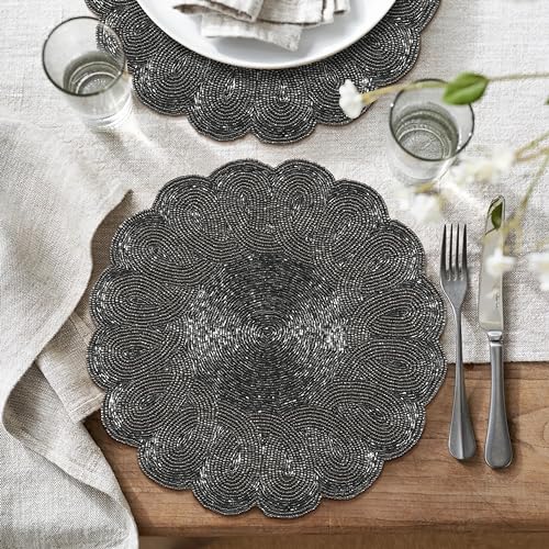 Navy Beaded Round Placemats Set of 2 13 Inches I63237