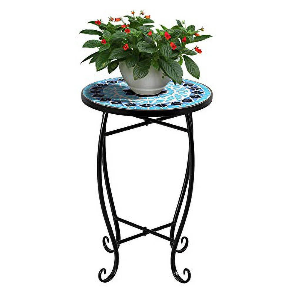 Round 14 Inch Mosaic Side Table with Glass Top and Steel Frame M117