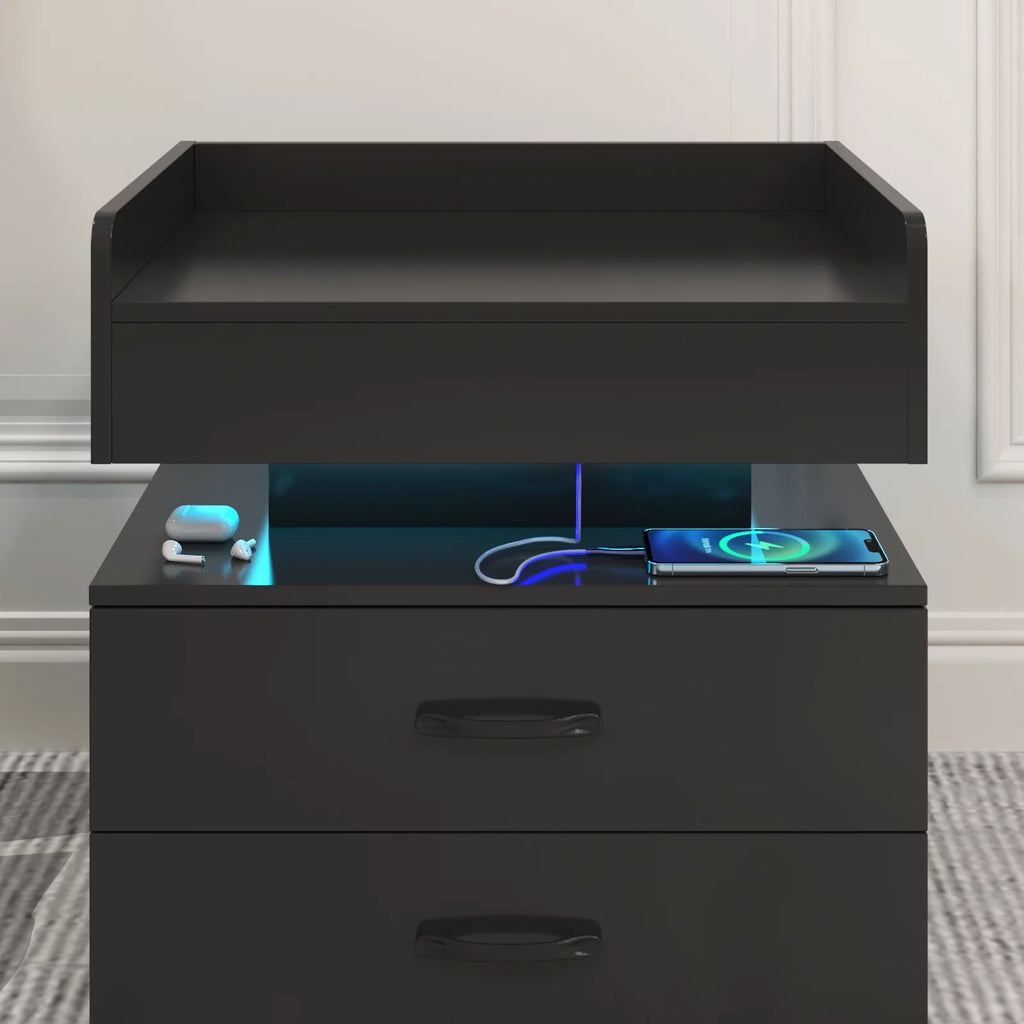 Black Wood Nightstand with Charging Station and 2 Drawers X908