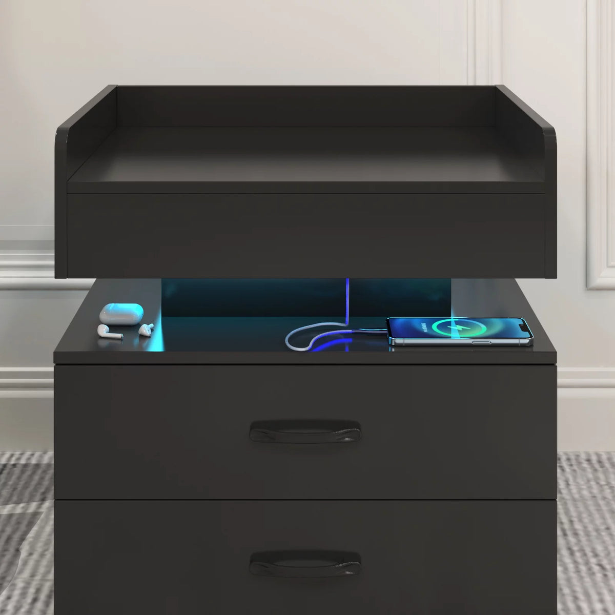 Black Wood Nightstand with Charging Station and 2 Drawers X908