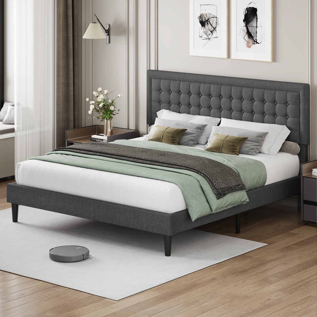 King Size Gray Linen Fabric Upholstered Bed Frame J7616