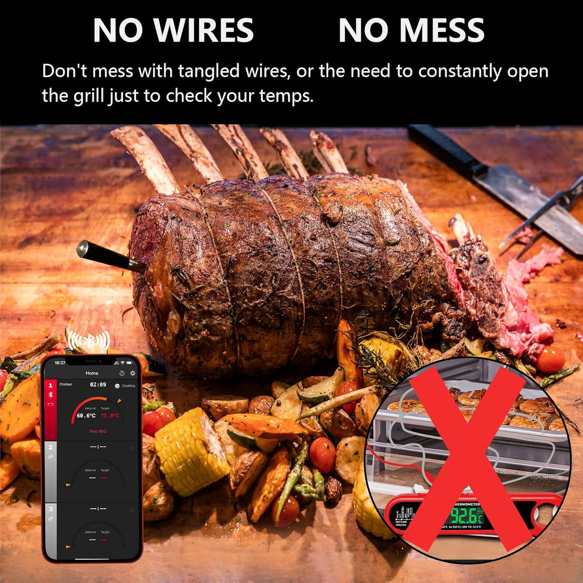 Wireless Meat Thermometer with Bluetooth, 165ft Range, Rechargeable, 1-Probe C490689