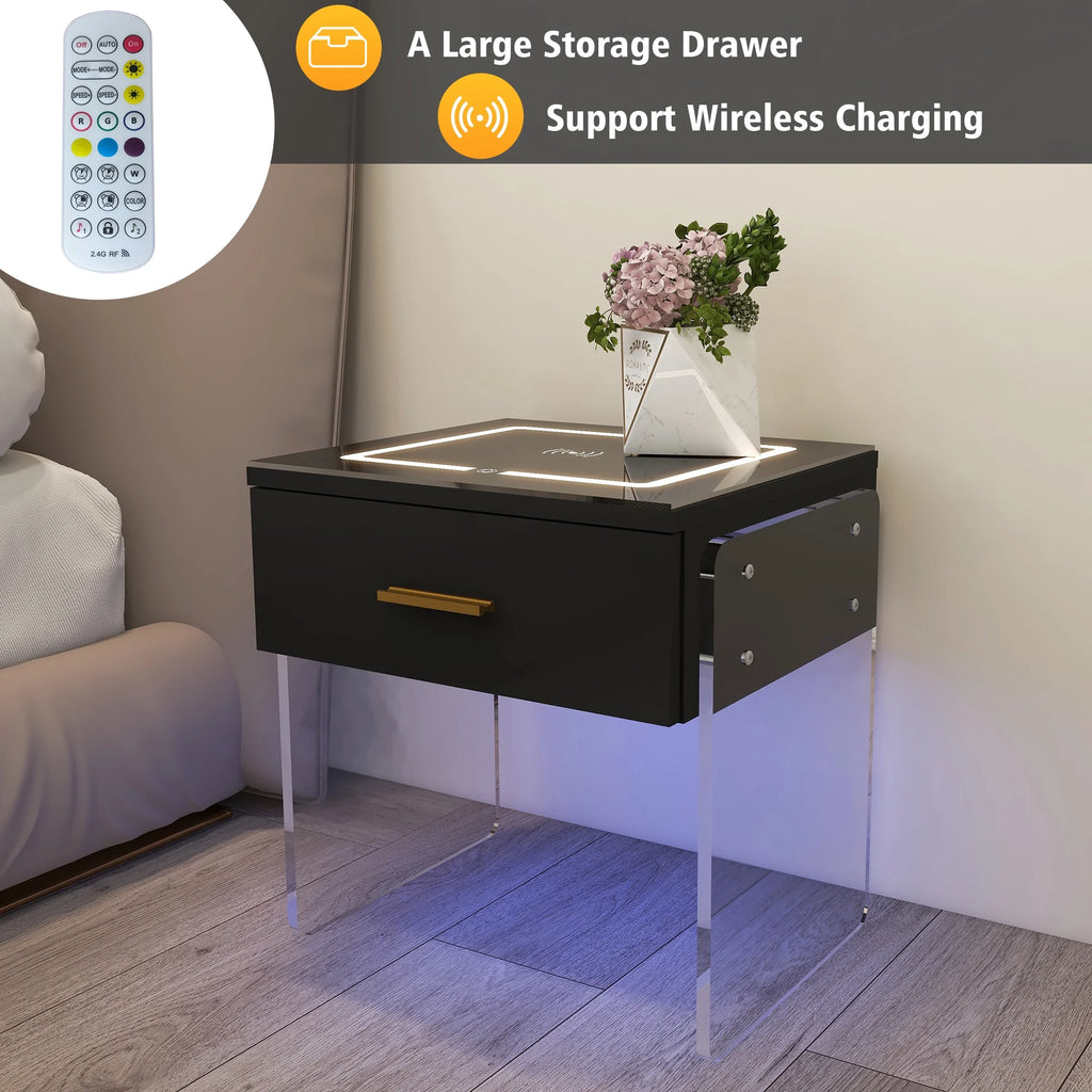 Black Nightstand with Wireless Charging Station and LED Lights X135315
