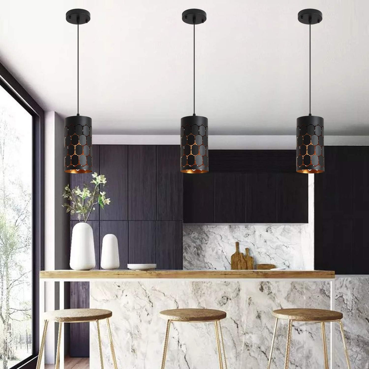 3-Light Kitchen Island Pendant Light Fixture, Gold Inner and Black V410