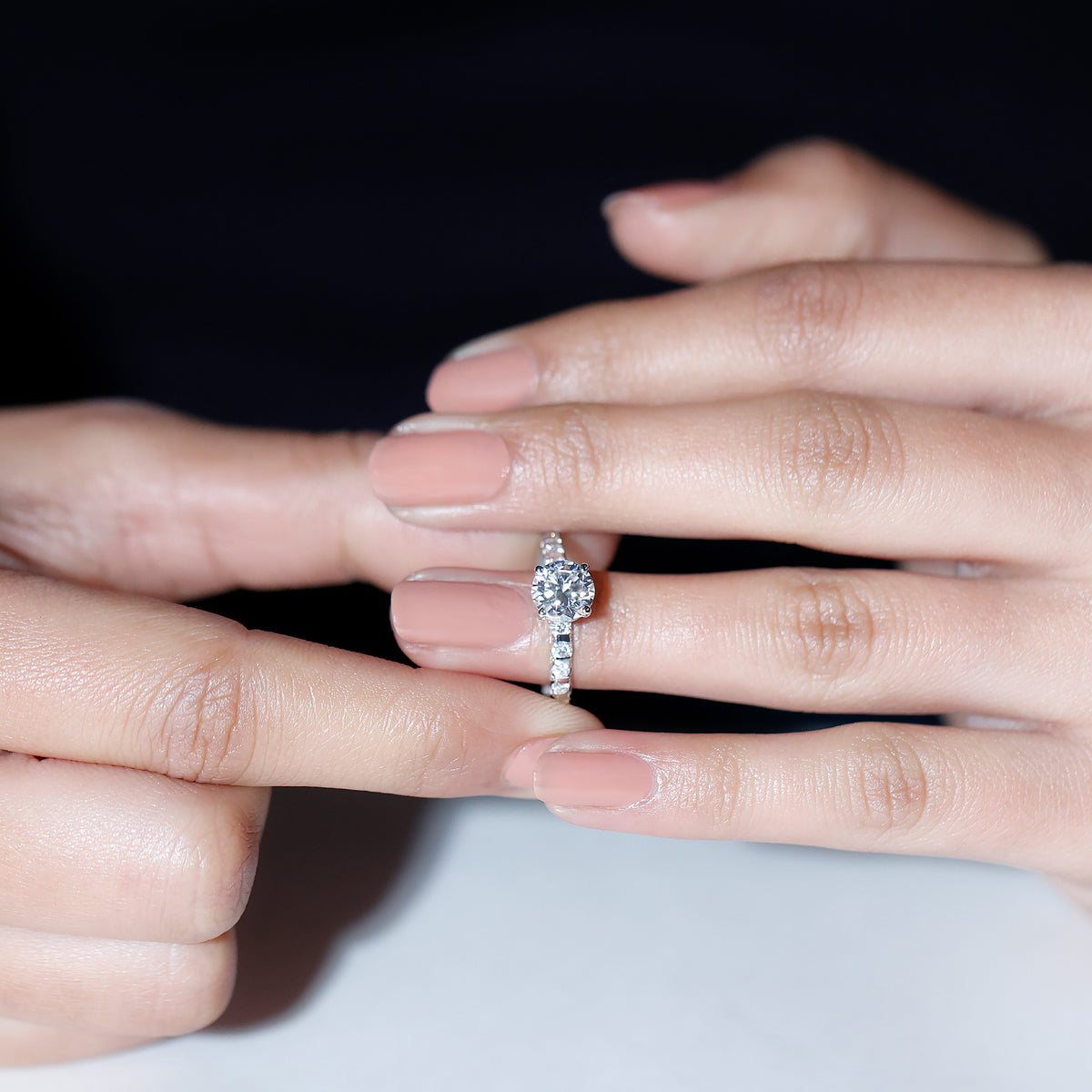 14K White Gold Moissanite Solitaire Engagement Ring with Side Stones N743