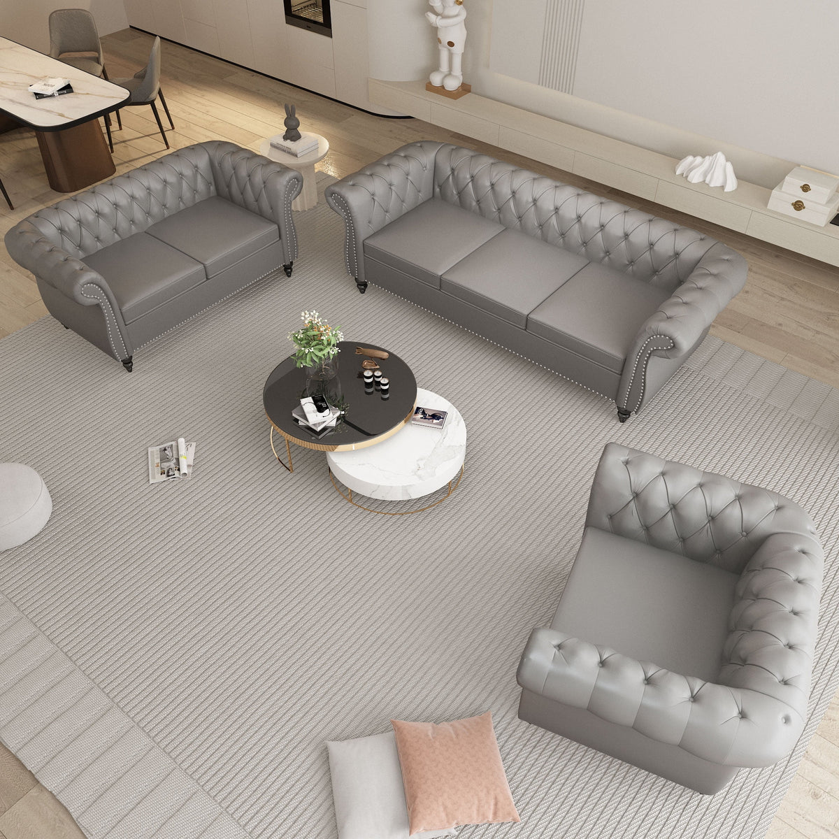 Gray 3 Piece Faux Leather Sofa Set Q314450