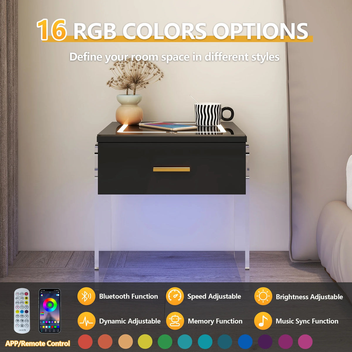 Black Nightstand with Wireless Charging Station and LED Lights X135315