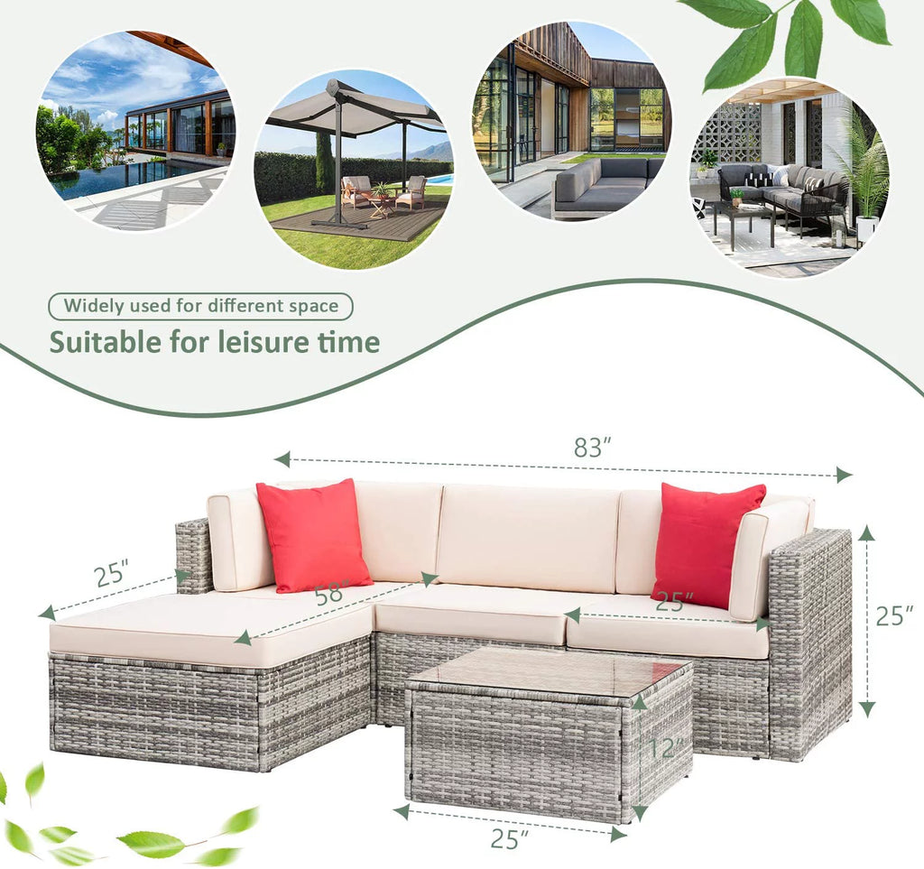 5 Pieces PE Rattan Patio Sectional Sofa Set with Glass Table Gray K843