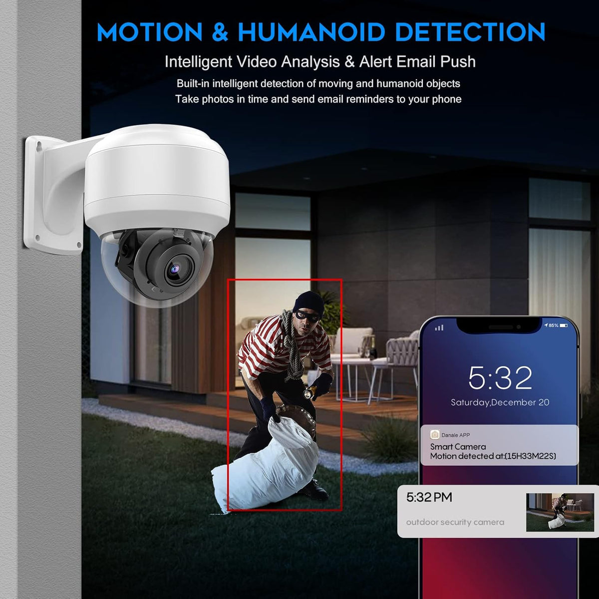5MP PTZ PoE Dome IP Camera with Mic/Audio, 4X Optical Zoom, 164ft Night Vision, IP67 Waterproof H891