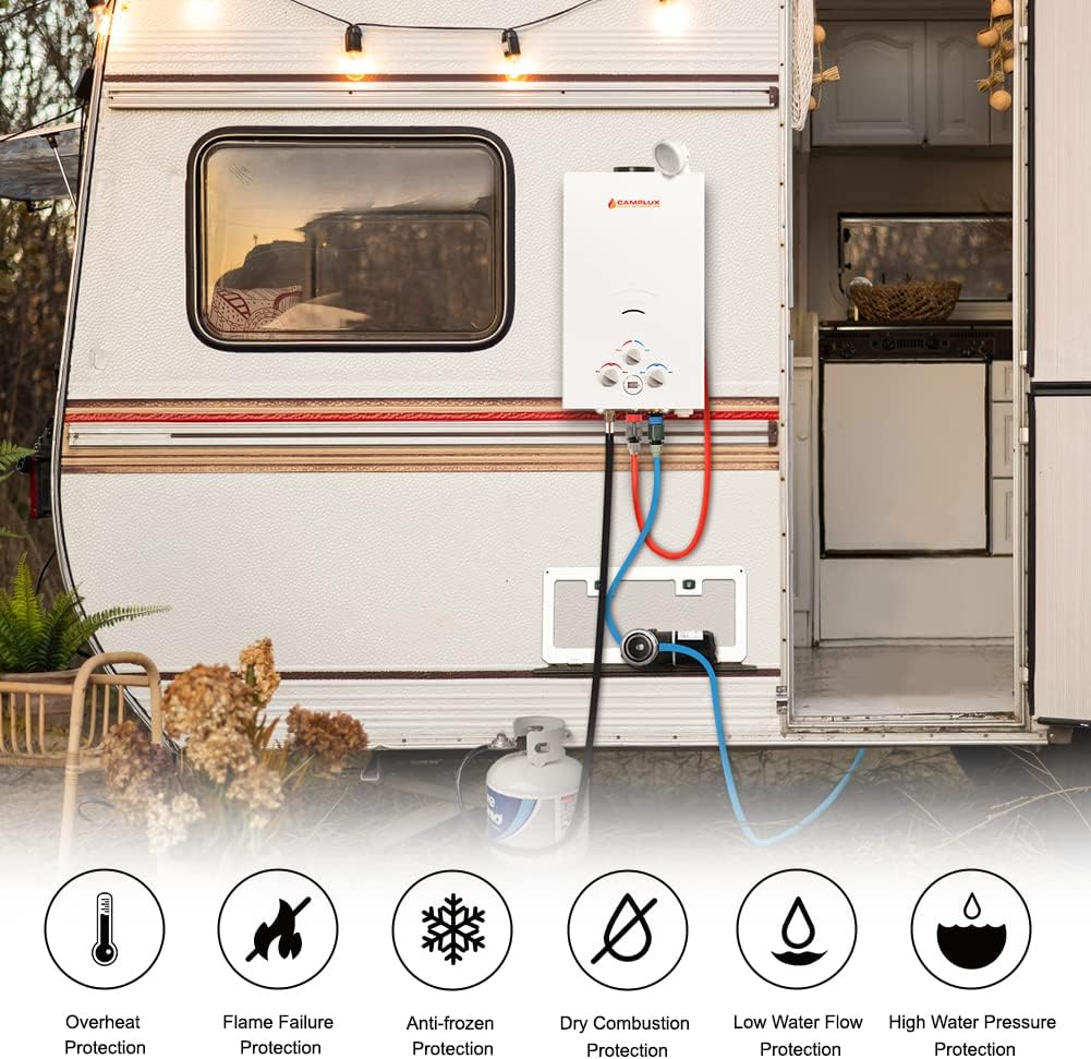 Camplux Propane Portable Tankless Water Heater Outdoor 2.64 GPM Instant Hot Camping Showers with 3.3 GPM Water Pump & Pipe Strainer G303