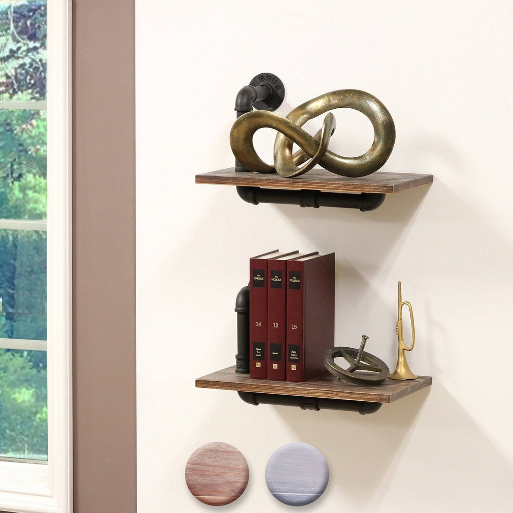 Weathered Wood and Black Pipe Wall Shelves Y996