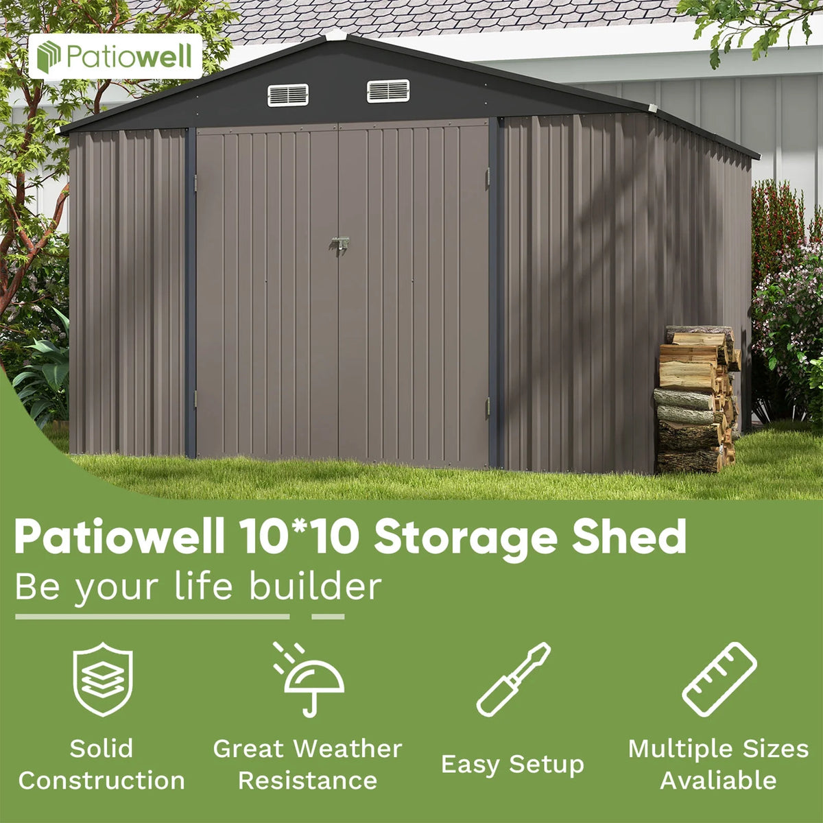 10 x 10 ft Outdoor Storage Metal Shed, Brown M7704