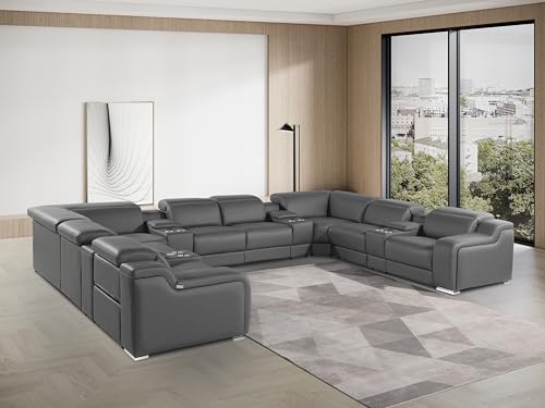 12-Piece Italian Leather Sectional Sofa Set with 4 Recliners, Light Gray S4759