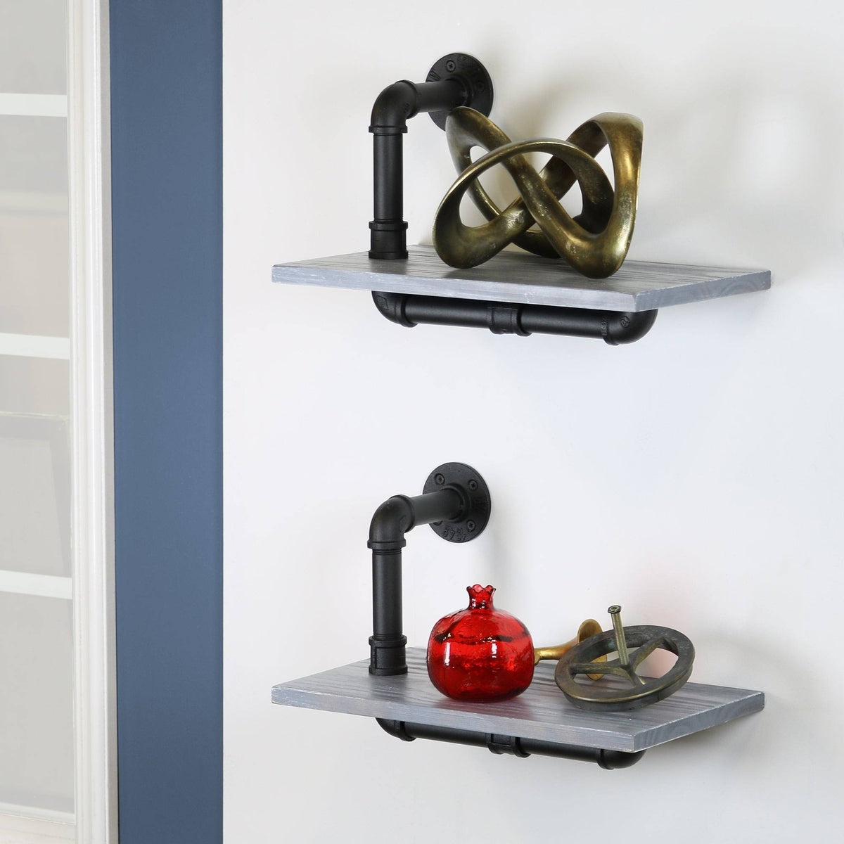 Weathered Wood and Black Pipe Wall Shelves Y996