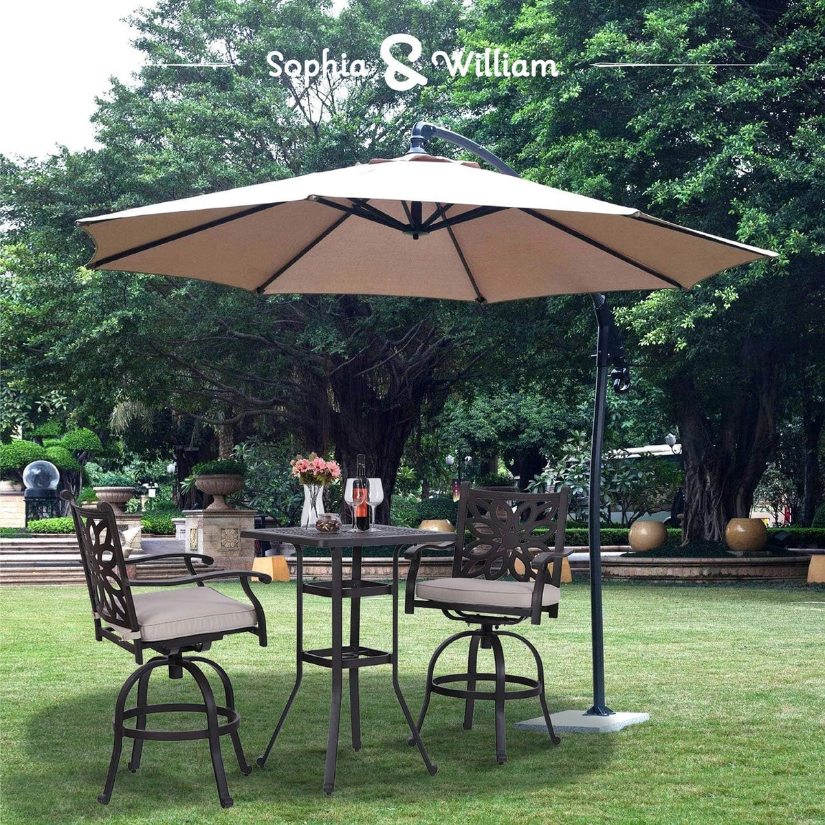 3 Pieces Cast Aluminum Bar Set with 2 Swivel Bar Height Chairs and 1 Square Table U267